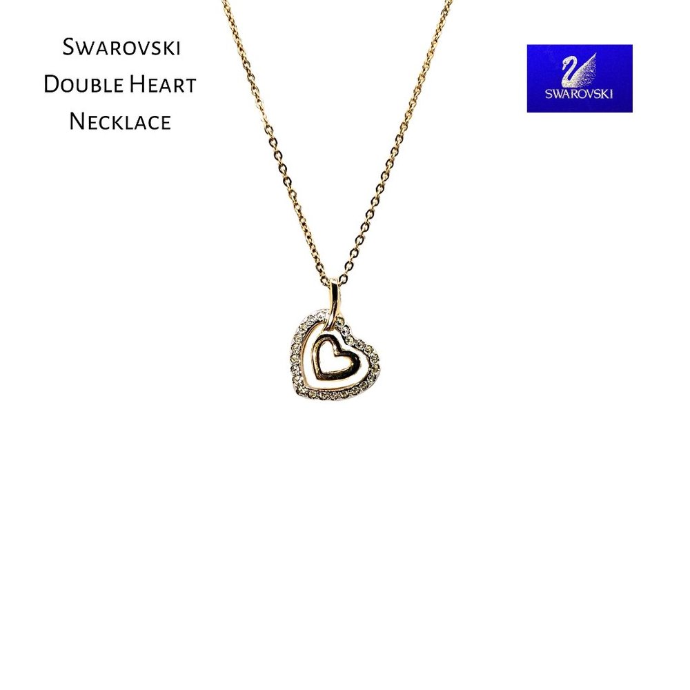 Swarovski Crystal Gold Plated Double Heart Classic Lady Pendant Necklace 16.5"